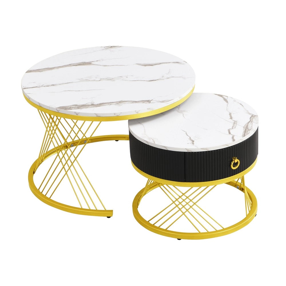 Tavolino da Caff¨¨ Set 2 pz con Cassetti ¨C Xylo ¨C Effetto Marmo, Decoro Oro
