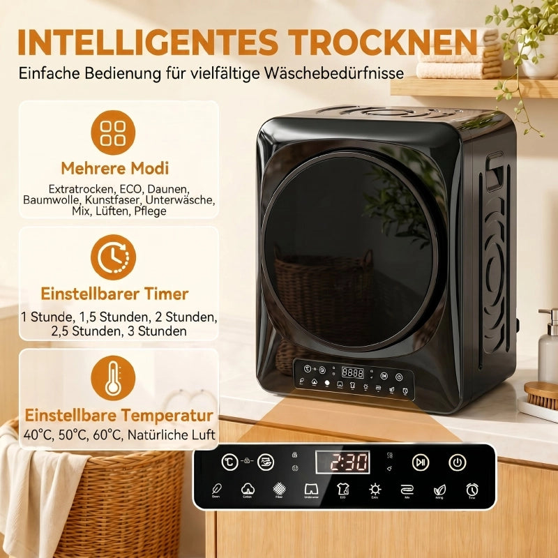 Asciugatrice compatta a ventilazione da 1000 W con modalit¨¤ extra dry ed ECO, timer e impostazioni di temperatura, nera