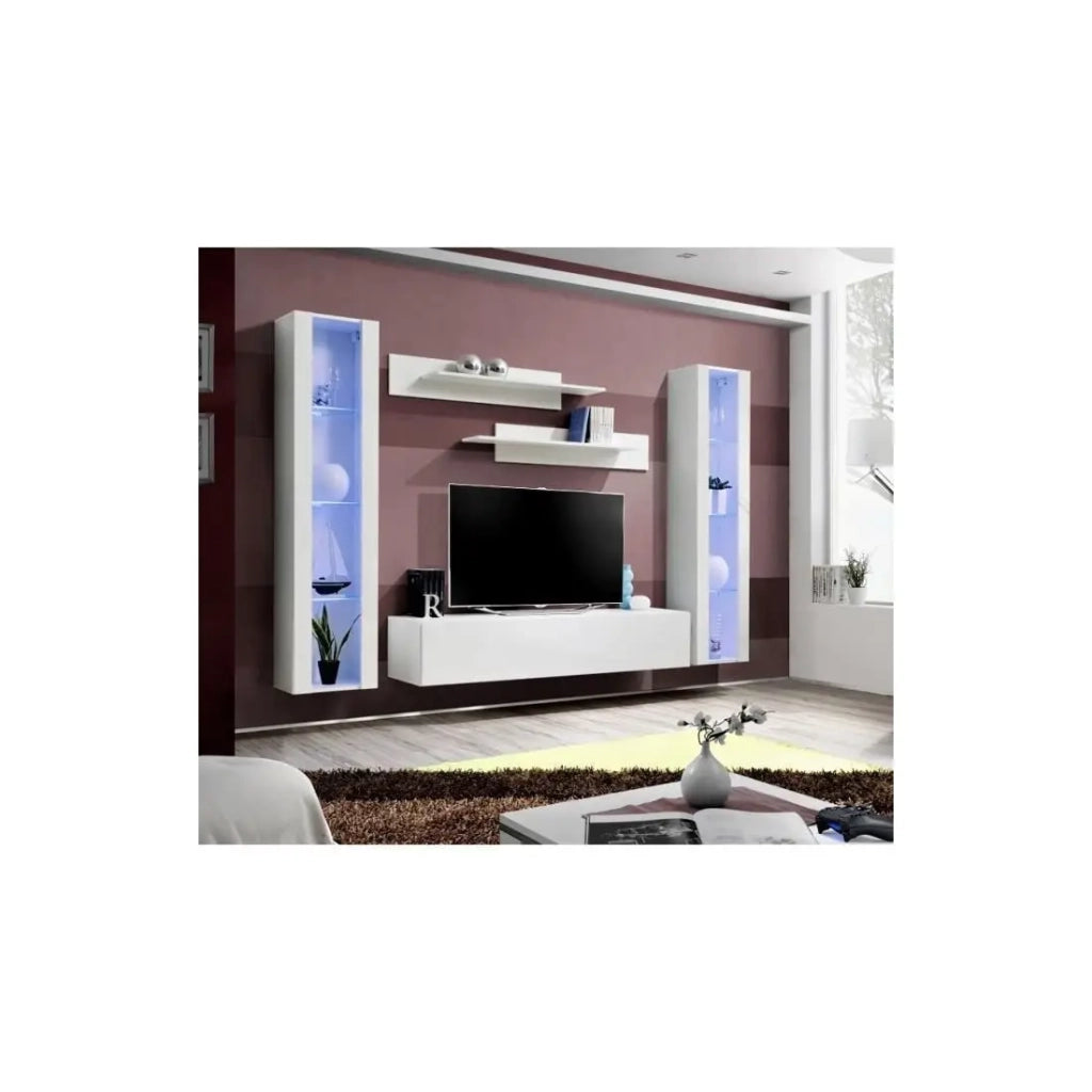 Mobile TV FLY A2 design, colore bianco lucido + LED. Mobile sospeso moderno e alla moda per il tuo soggiorno.