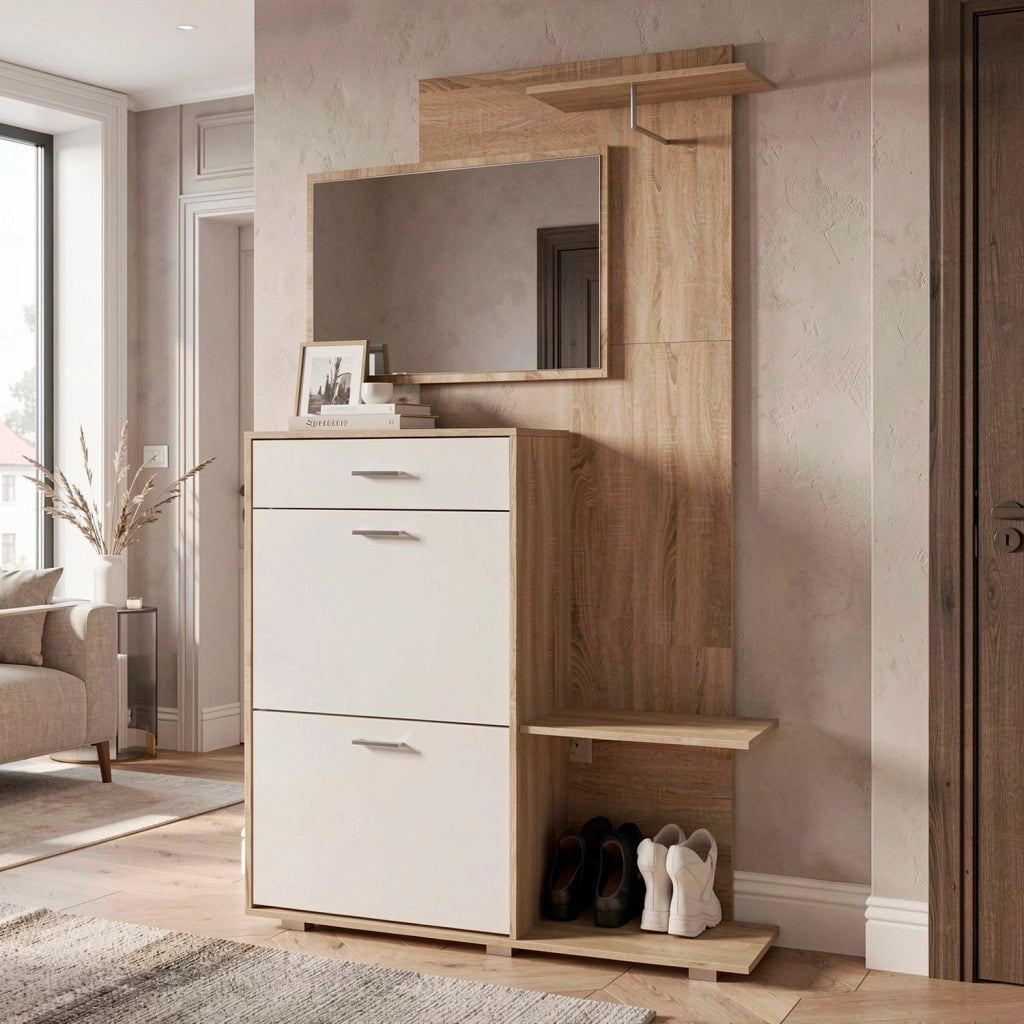 Ingresso Scarpiera Con Specchio 2 Ante A Ribalta Cassetto Appendiabiti E Mensola Mobile Salvaspazio Moderno Per Ingresso Corridoio Stile Nordico 192 X 120 X 24.5 Cm Rovere E Bianco