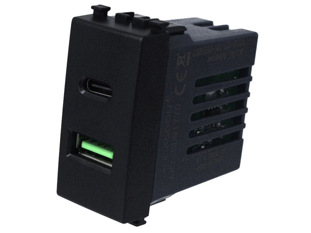 Serie Social Presa USB A + USB Type C5V A+C 3.1A 90-240V nero Compatibile con Vimar Arke'