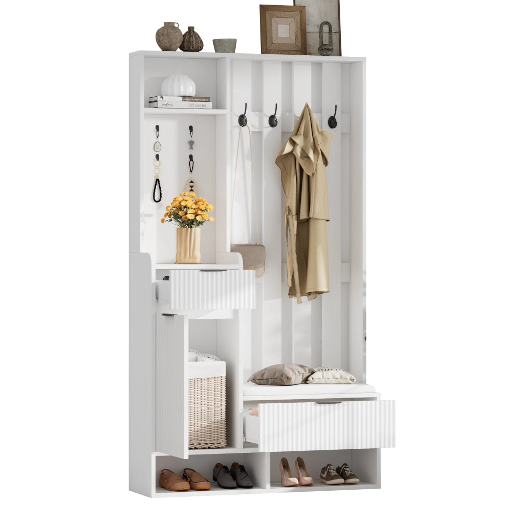 Mobile Ingresso con 8 Ganci; Panca Scarpiera; 2 Cassetti e 1 Armadio; Bianco; in Pannelli di Truciolare; 100×30×180 cm
