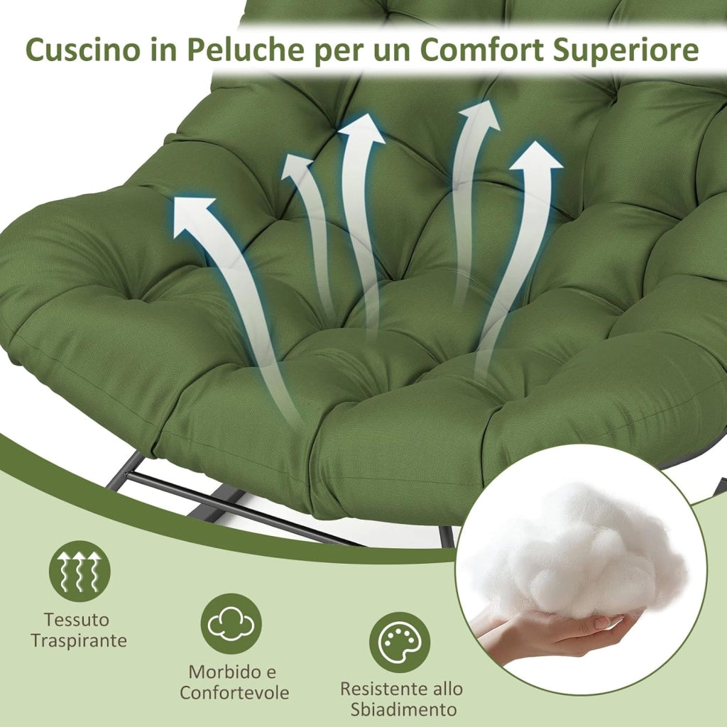 Sedia a Dondolo, Poltrona Relax Ergonomica, Poltrona Sovradimensionato con Cuscino Imbottito, con Struttura Metallica, per Soggiorno Portico Giardino, Portata 205 kg (Verde)