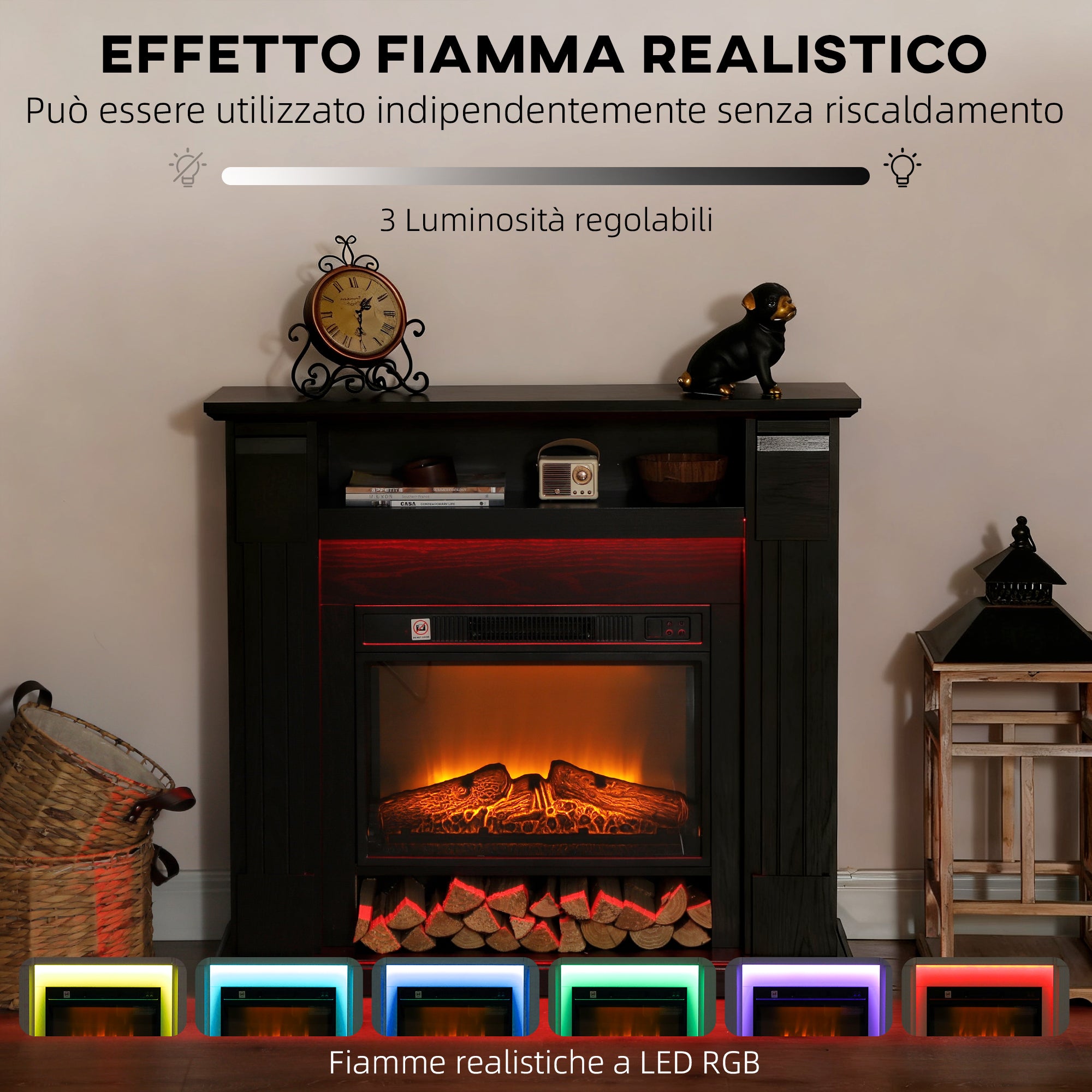 Camino Elettrico da Pavimento 105x27x97 cm 1800W Regolabile con Fiamma 3D Timer e Telecomando Nero