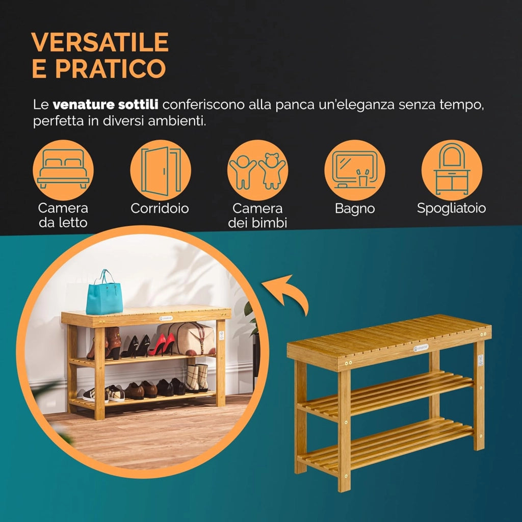 ® Scarpiera con Seduta in Legno Capacità 160 kg Certificata FSC® Acacia 3 livelli Panca Bagno Corridoio Marrone