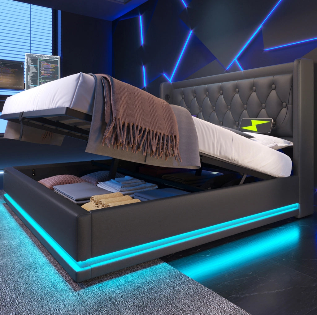 Letto matrimoniale imbottito con contenitore 140x200 cm in PU nero; LED e USB-C