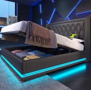 Letto matrimoniale imbottito con contenitore 140x200 cm in PU nero; LED e USB-C