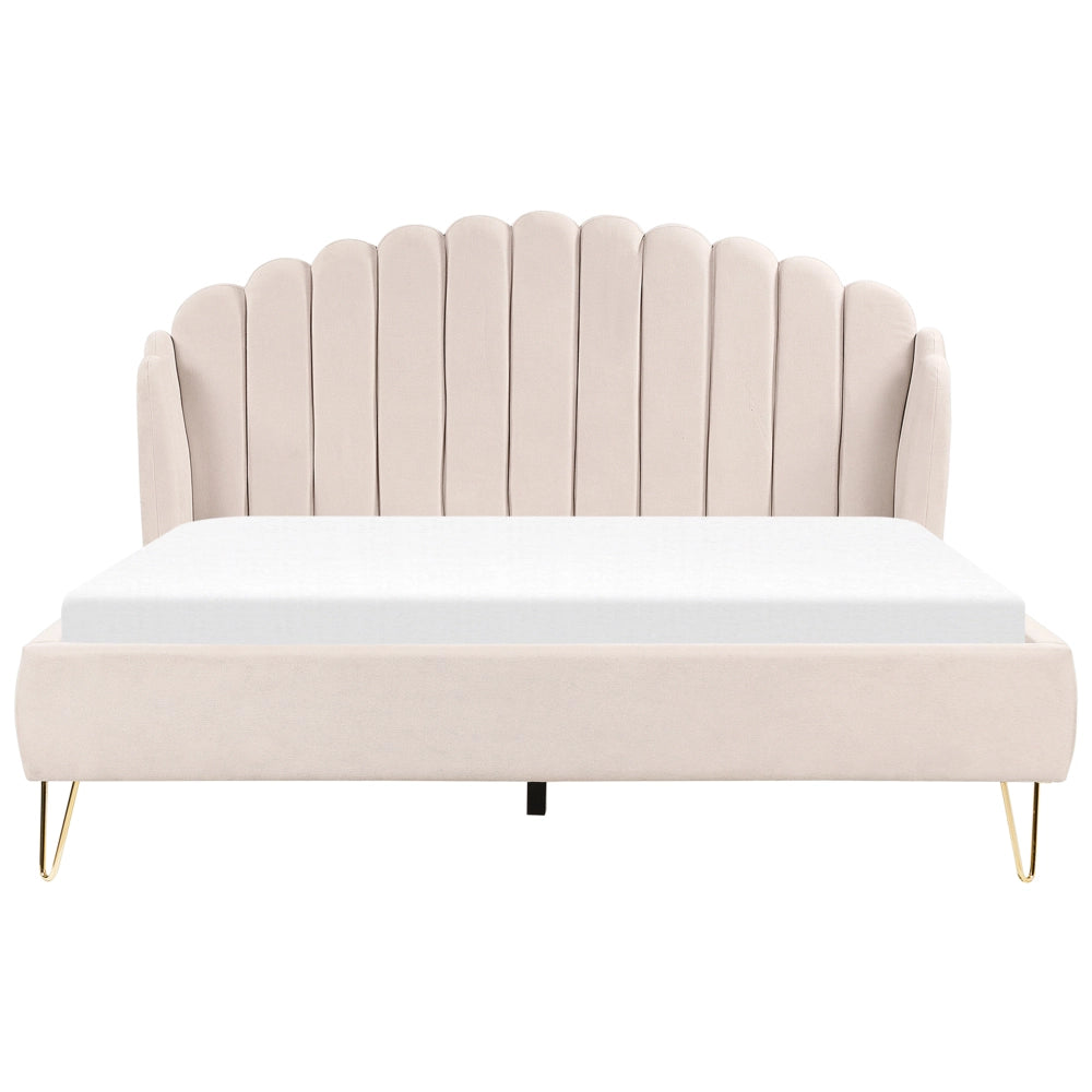 Letto con rete in tessuto poliestere beige chiaro 180 x 200 cm gambe in metallo testata retro capitonné