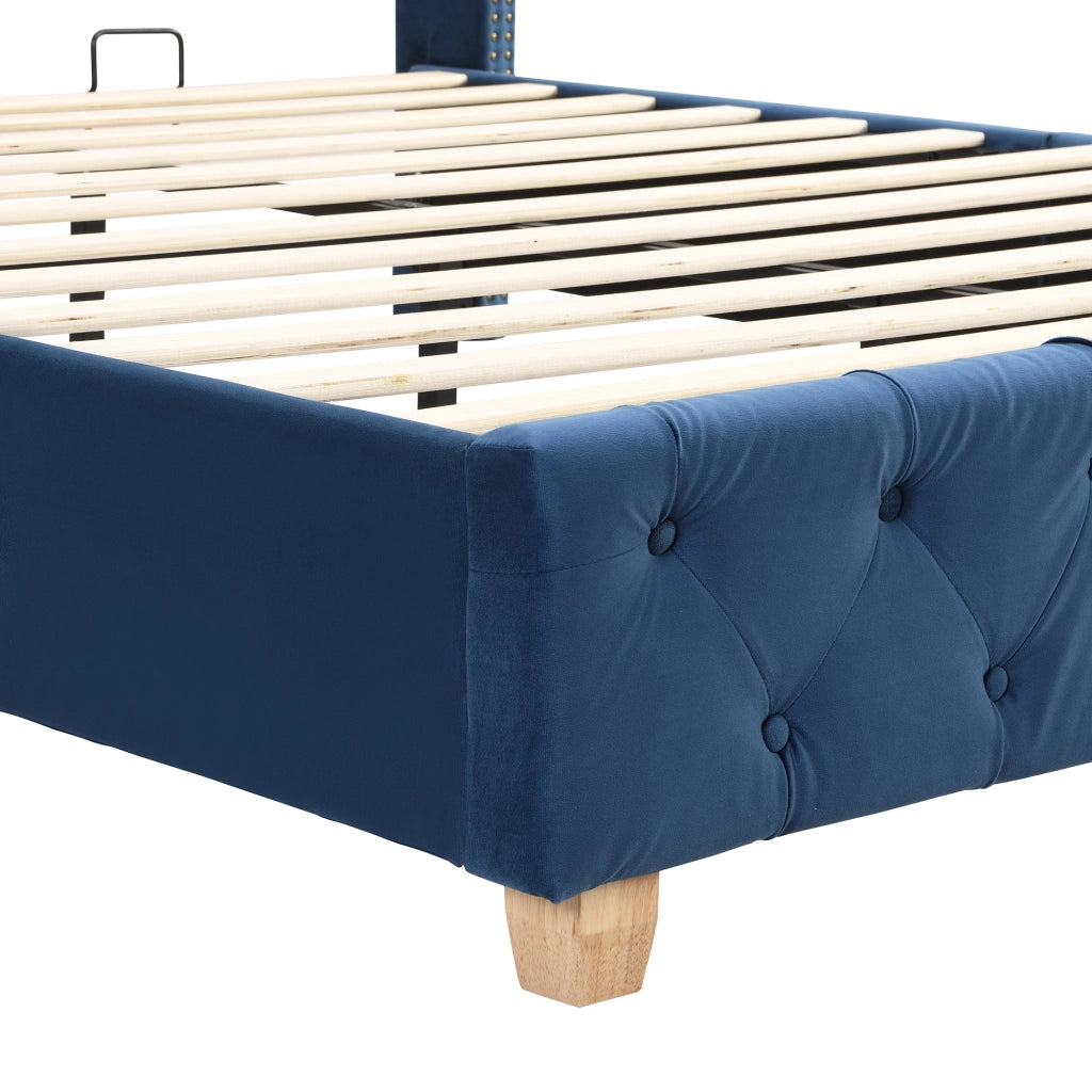 Letto Imbottito 160 × 200 cm; Matrimoniale con Testiera Trapuntata e Borchie; senza Materasso; Velluto Blu