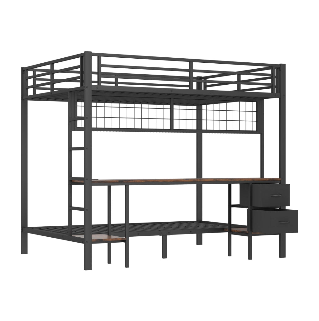 Letto a soppalco 140x200 cm con scrivania; LED 7 colori e USB in metallo nero