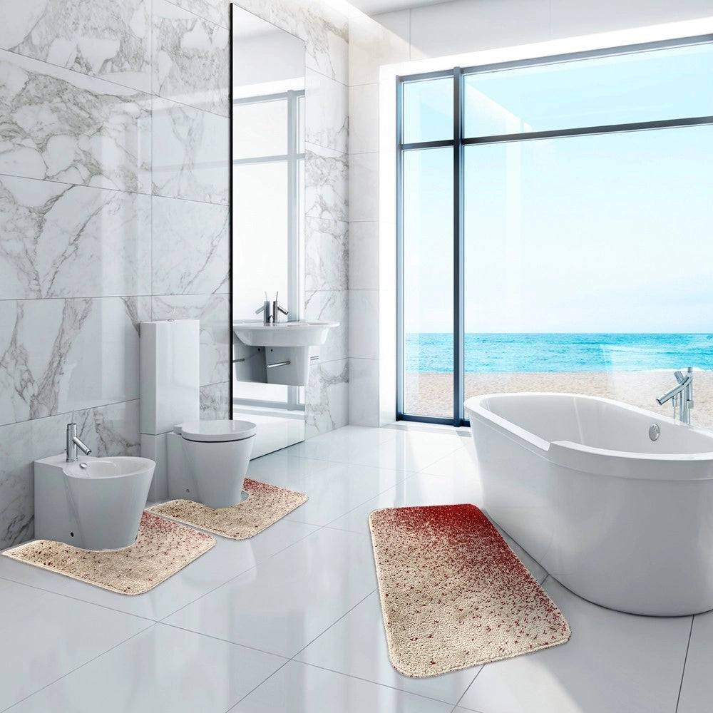 Tappeto Bagno Camera Scendiletto Doccia Vasca Antiscivolo Assorbente Shaggy Soffice IBISCO A Parure 3 Pezzi - Rosso