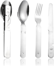 Set di Cucina da Campeggio 4 pezzi in Acciaio Inox Classico - Utensili da Cucina da Viaggio Pratici con Coltellino, Forchetta, Cucchiaio e Apri lattina