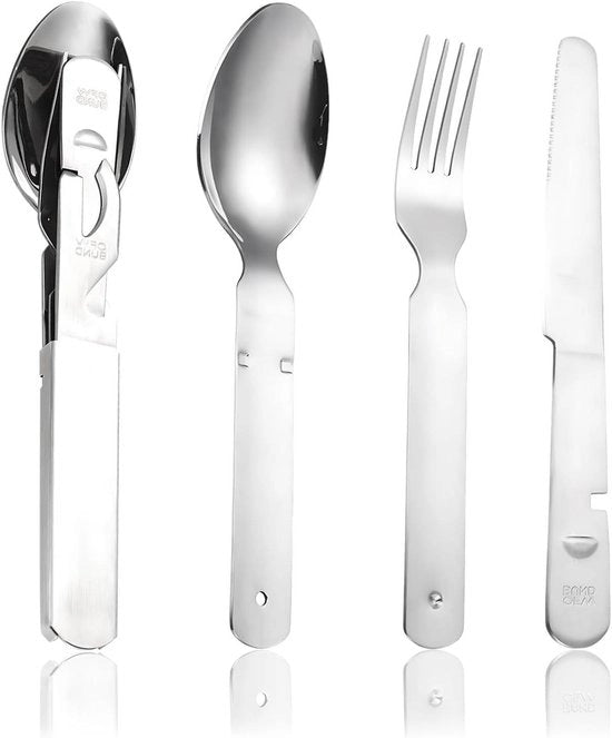 Set di Cucina da Campeggio 4 pezzi in Acciaio Inox Classico - Utensili da Cucina da Viaggio Pratici con Coltellino, Forchetta, Cucchiaio e Apri lattina