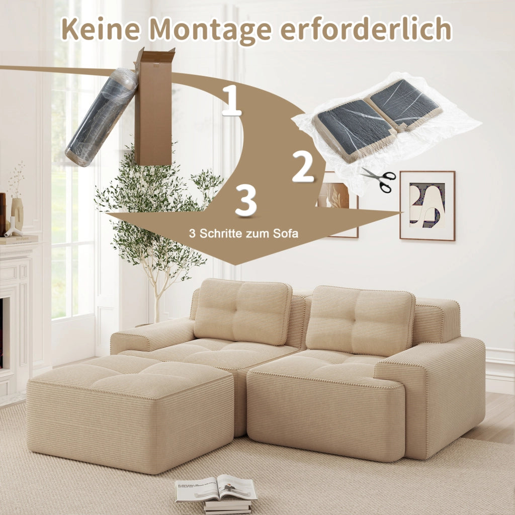 Divano modulare boneless in corduroy beige con seduta profonda 74 cm e base antiscivolo