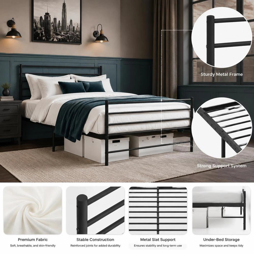 Bed Frame With Headboard And Footboard, Metal, Black, 90x200 Cm