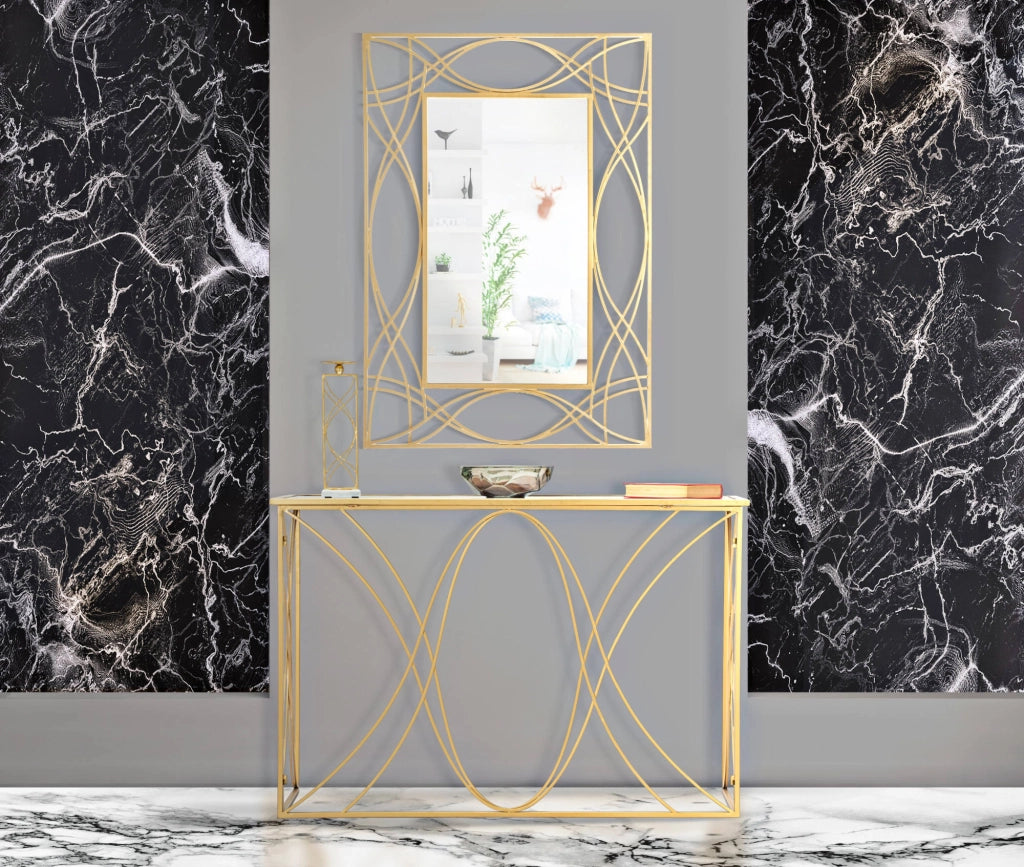 Console elegante, in metallo dorato, con piano in vetro a specchio, colore oro, Misure 40 x 80 x 120 cm