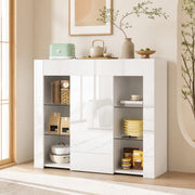 Credenza moderna bianca con frontale lucido e ripiani in vetro; 95x35x83 cm; truciolare