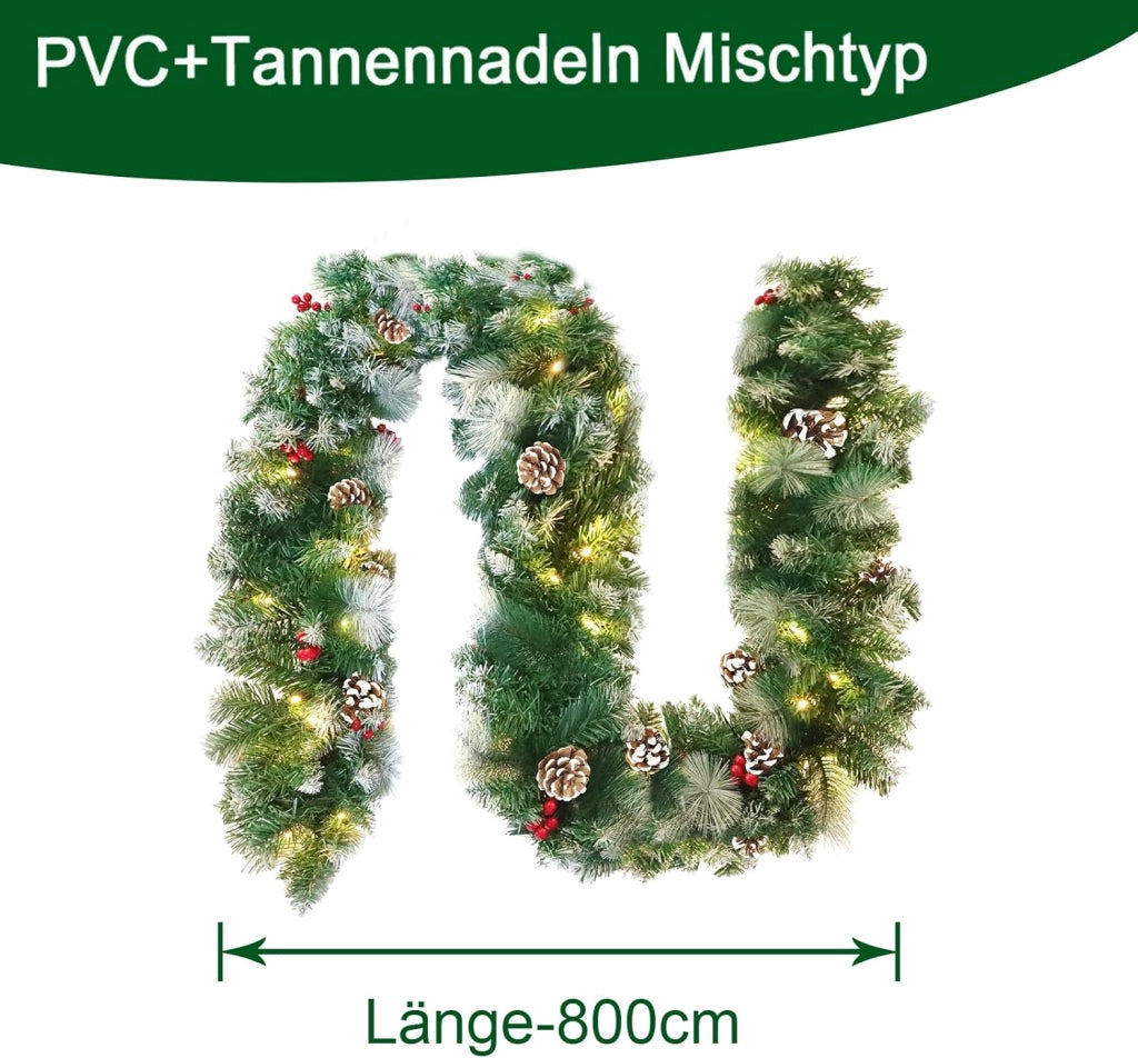 Ghirlanda natalizia con illuminazione, 800 cm, ghirlanda di abete natalizio, funzionamento a batteria con pigne rosse, decorazione natalizia per esterni
