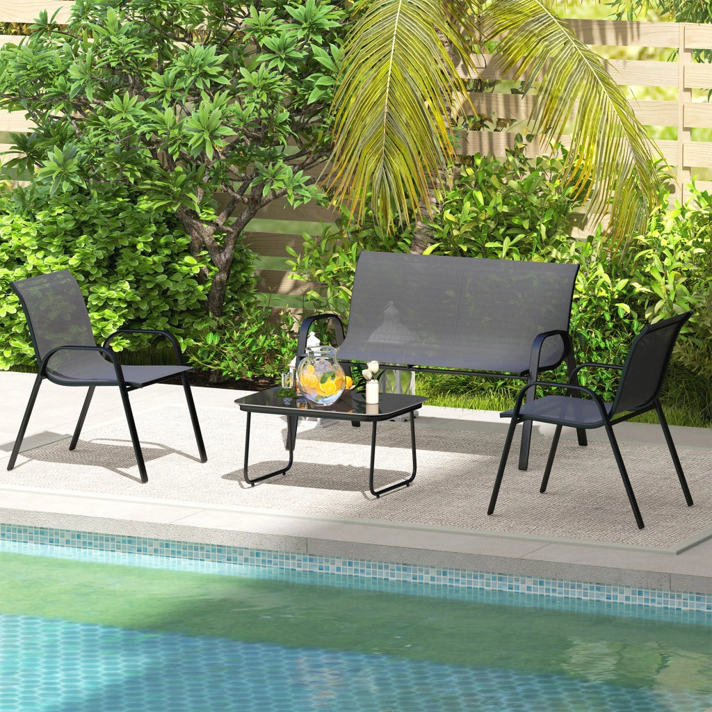 Set da Giardino con Divano 2 Posti, 2 Poltrone Impilabili e Tavolino in Vetro, Nero