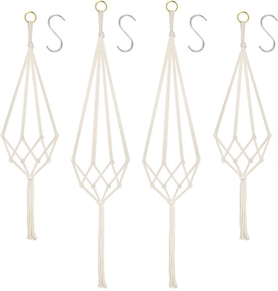 Set di 4 pendenti in macramé, pendente di seta, vaso per piante con 4 ganci metallici da 4 cm per interni, esterni, soggiorno, giardino, balcone, finestra, decorazione di balcone e parete.