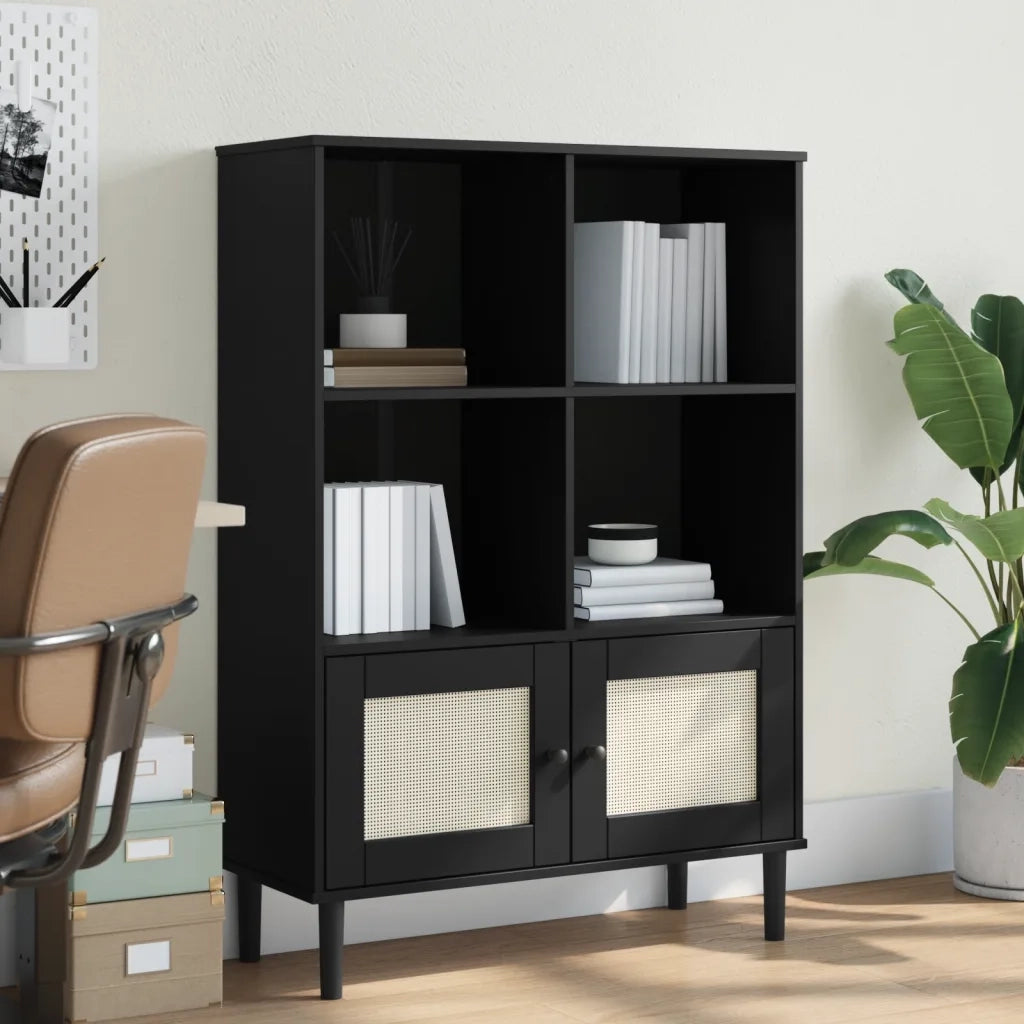 Credenza-Buffet-Armadio da cucina SENJA Aspetto Rattan Nero 90x35x130 cm Legno Pino
