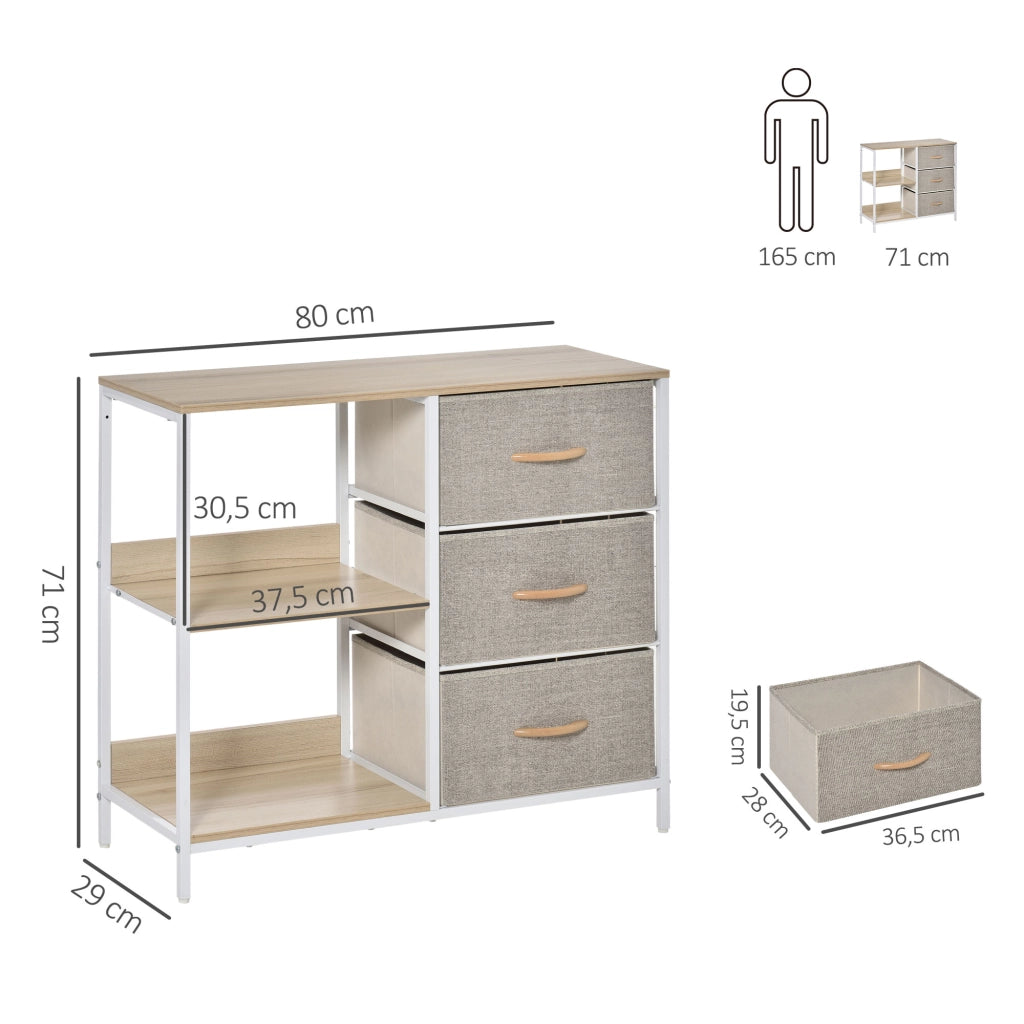 Cassettiera Tessuto con 3 Cassetti e 2 Ripiani Aperti ¨C Zephmum ¨C 80x29x71 cm Naturale Grigio