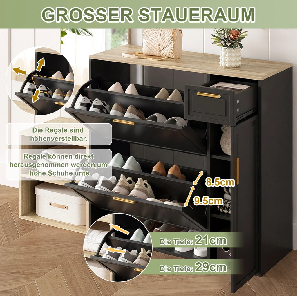 Set guardaroba da ingresso 4 pezzi nero e naturale con scarpiera, panca, specchio e appendiabiti