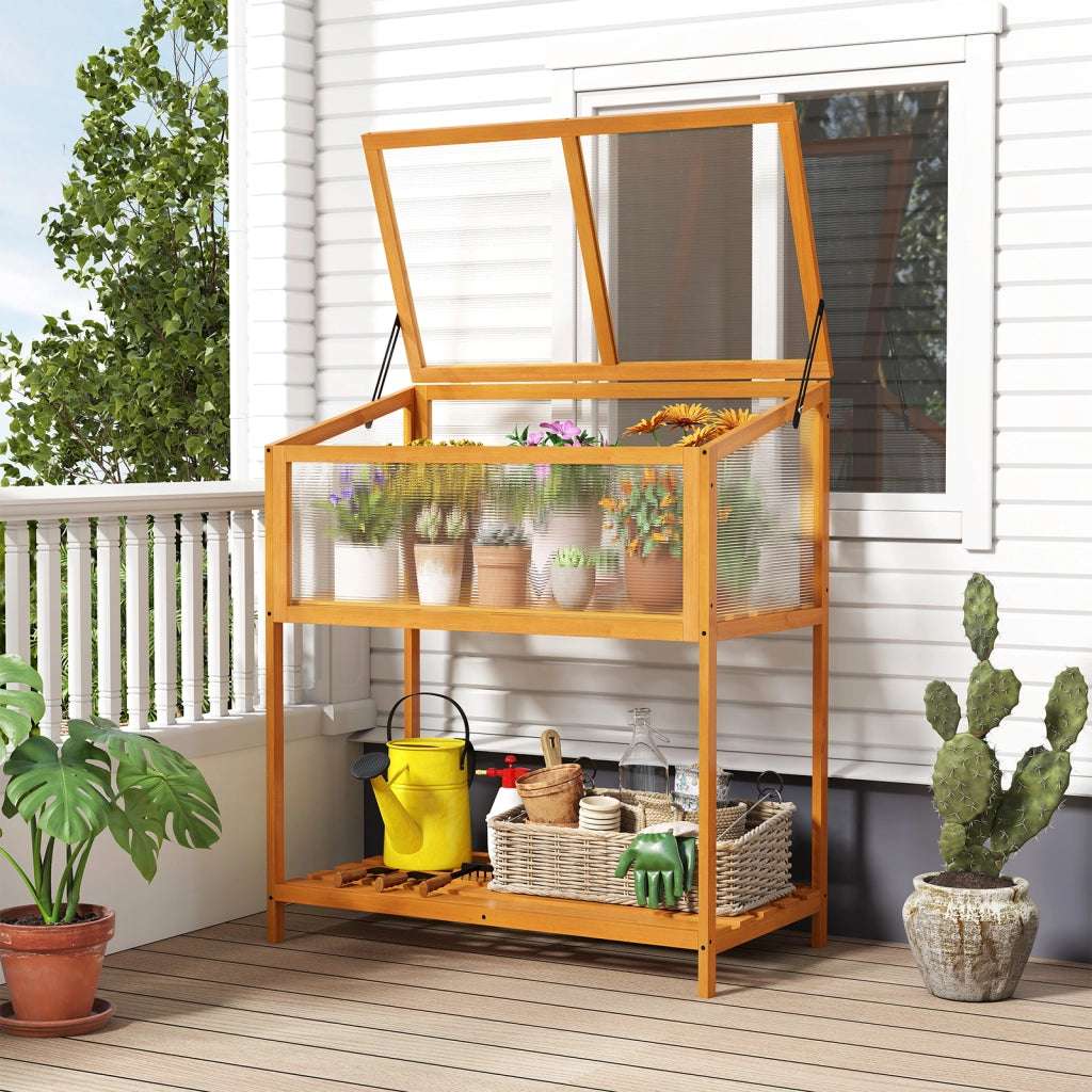 Mini serra legno fioriera rialzata tetto trasparente apribile mensola a doghe, Serra salvaspazio interno esterno giardino veranda balcone 90x50,5x105cm