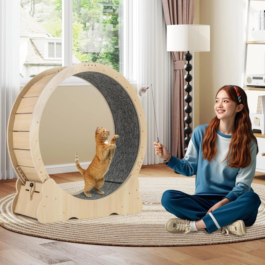 Ruota per Esercizi per Gatti 106 cm in Legno, Tapis Roulant per Gatti con Tappeto Staccabile e Bacchetta per Gatti，Ruota Corsa Allenamento Interno Silenziosa
