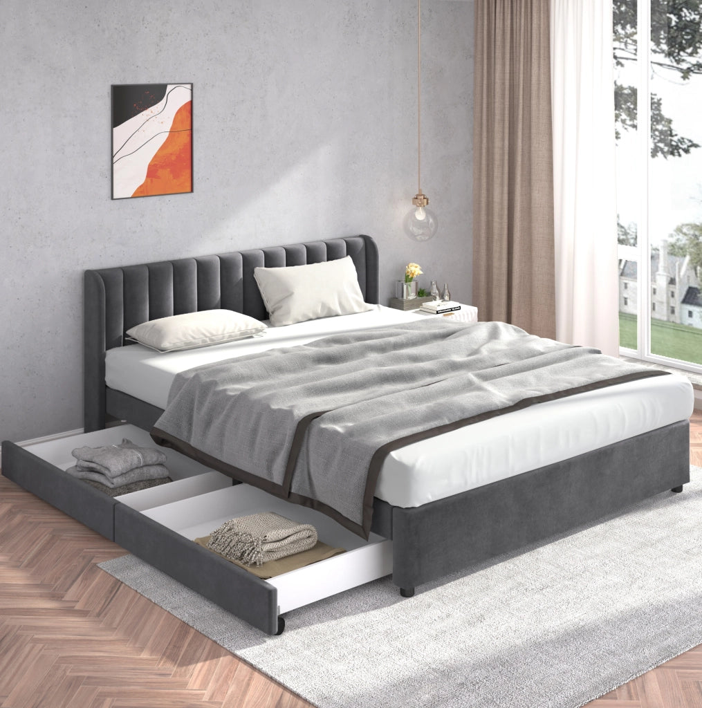 Letto imbottito 180x200 cm in velluto grigio con rete a doghe e 2 cassetti
