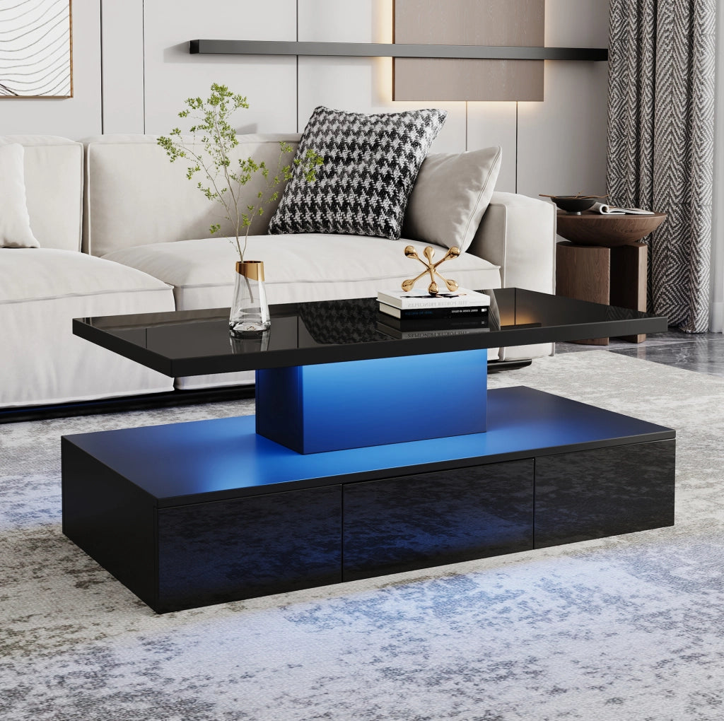 Tavolino da salotto moderno nero 100 x 50 x 39 cm con LED dimmerabile e spazio contenitivo
