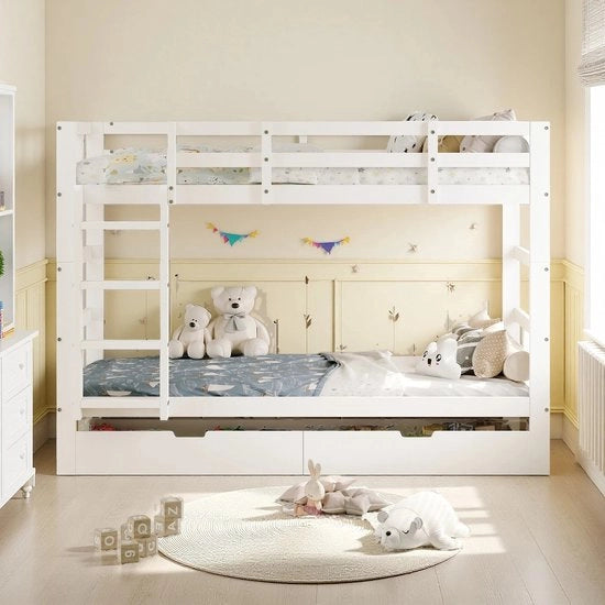 Letto a pile per bambini 90x200cm, realizzato in legno massello, con 2 cassetti, letto a baldacchino per 2 bambini.