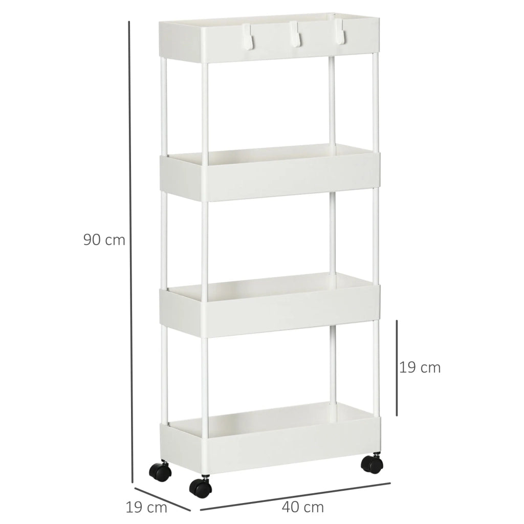 Carrello da cucina con 4 ripiani, scaffale portaoggetti con ruote e freni, versatile, bianco