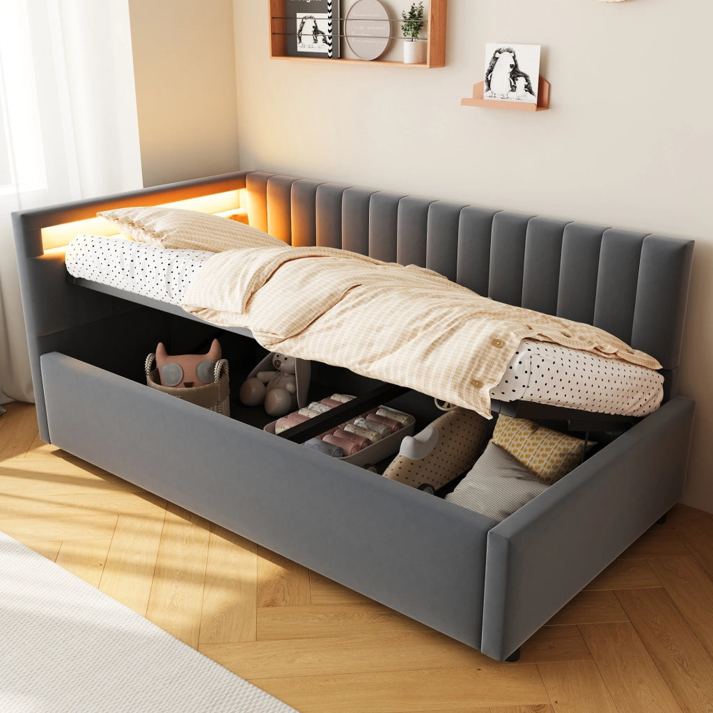 OKWISH Letto Divano 90×200 cm, Letto Singolo con LED, Contenitore Idraulico e Testiera Reversibile, senza Materasso, Grigio