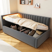 OKWISH Letto Divano 90×200 cm, Letto Singolo con LED, Contenitore Idraulico e Testiera Reversibile, senza Materasso, Grigio