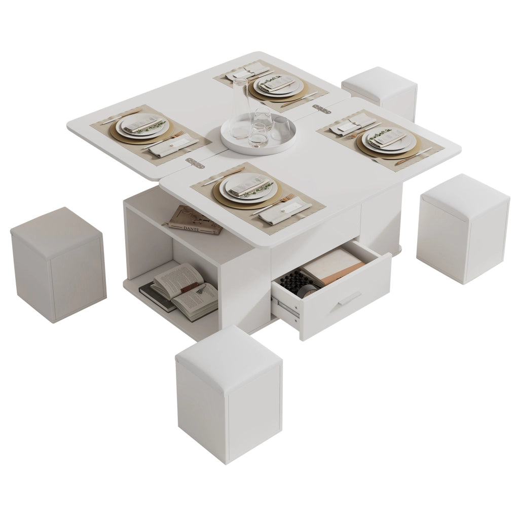 Tavolino da caffè sollevabile 100x50x45 cm bianco, 4 sgabelli, contenitore