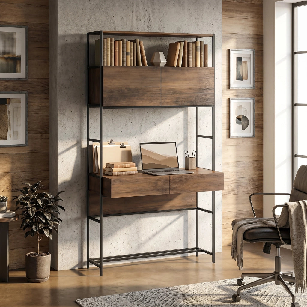 Scrivania con cassetti e scaffale ¨C Minimal ¨C Marrone 100x45x185