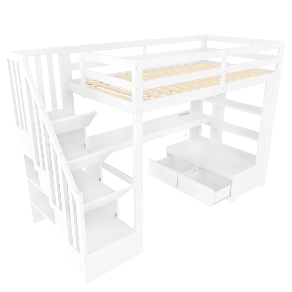 LETTO a soppalco con scrivania, ripiani e 2 cassetti 90x200 cm bianco