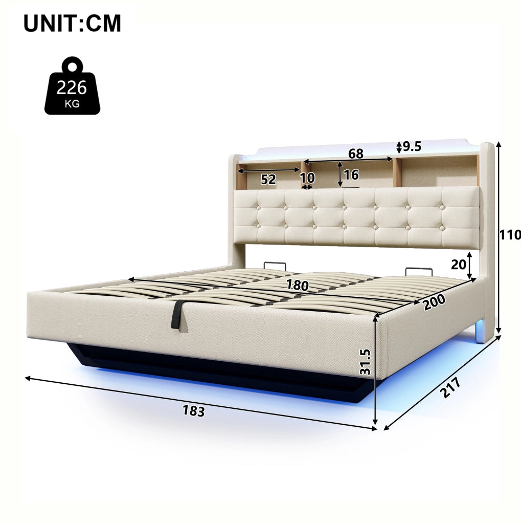 Letto imbottito 180x200 cm con illuminazione LED; spazio contenitore idraulico; in lino e MDF; beige