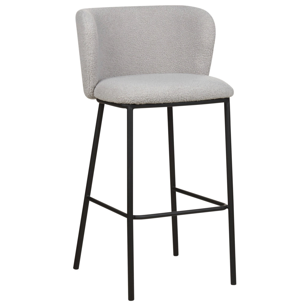 Set di 2 sedie da bar Rivestimento in bouclé grigio Gambe in metallo nero Sgabelli senza braccio Schienale curvo Sala da pranzo moderna Cucina