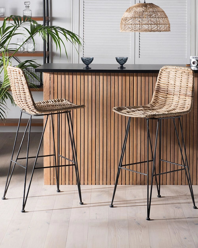 Set di sedie da bar per cucina e sala da pranzo in rattan rustico boho beige sabbia