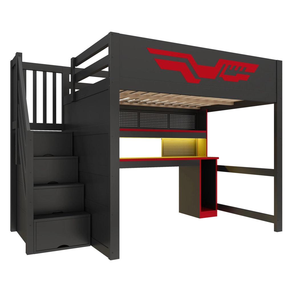 Letto a soppalco gaming 140 x 200 cm con scrivania integrata; LED e USB; MDF e compensato nero e rosso