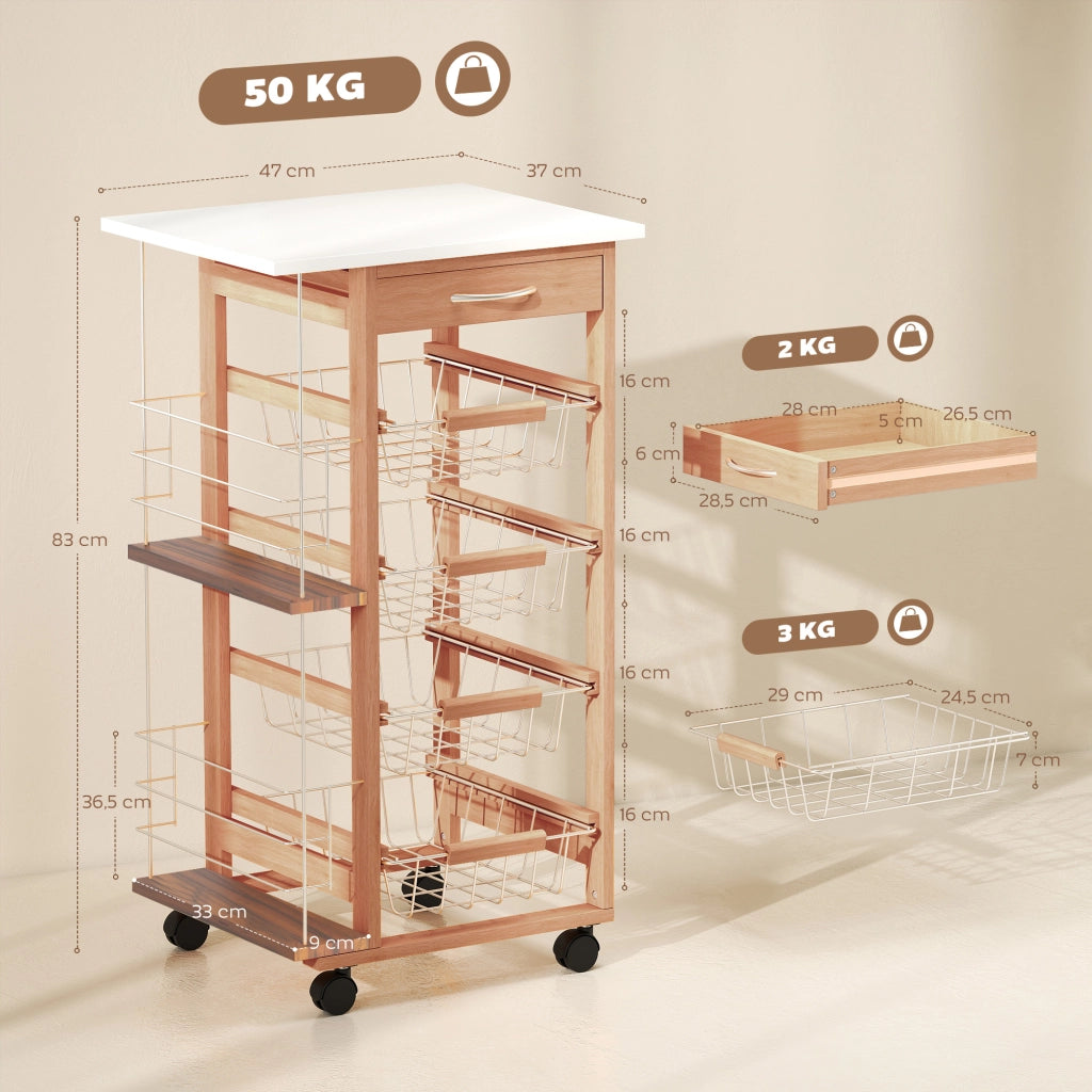 Tavolino da caff¨¨ con ruote, cassetto, 4 cesti e ripiani laterali ¨C zephmum ¨C 47x37x83 cm bianco e marrone
