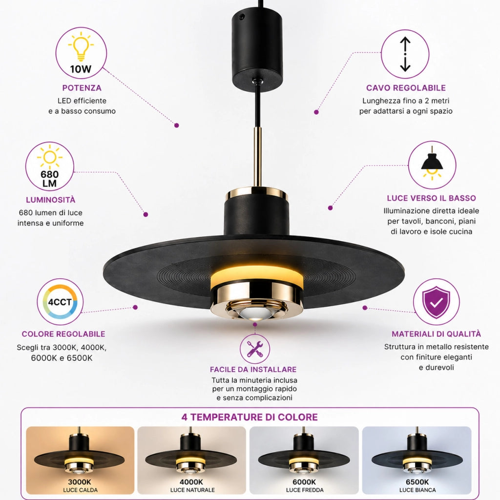 LAMPADARIO LED SOSPENSIONE MODERNO NERO ORO 10W DIMMERABILE CCT REGOLABILE LP022