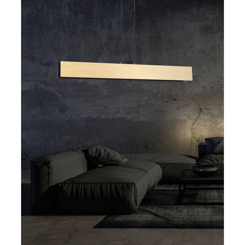Lampadario 4 Luci Merlino In Acciaio Nero Corpo Rettangolare E Legno Naturale