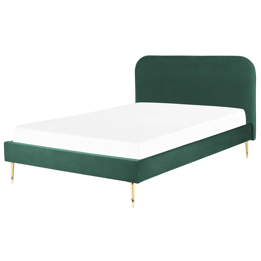 Letto verde smeraldo velluto tappezzeria doppia dimensione gambe dorate testiera con rete a doghe 140 x 200 cm design minimalista