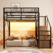 Letto a soppalco 140x200 cm in metallo con LED; scala di sicurezza e ripiani; nero