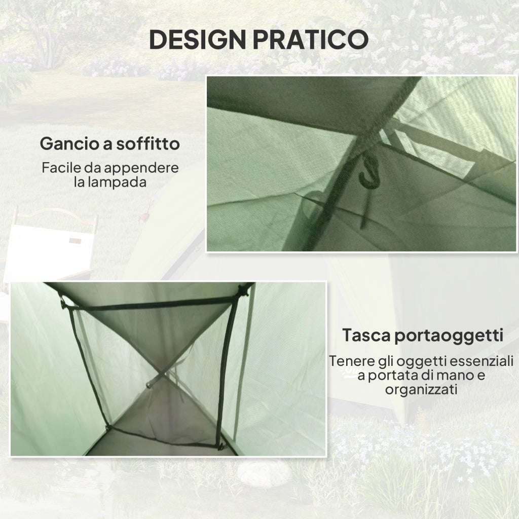 Tenda da Campeggio per 3 Persone Impermeabile 200x200x135H cm Impermeabile con Tasca e Gancio per Lanterna Verde