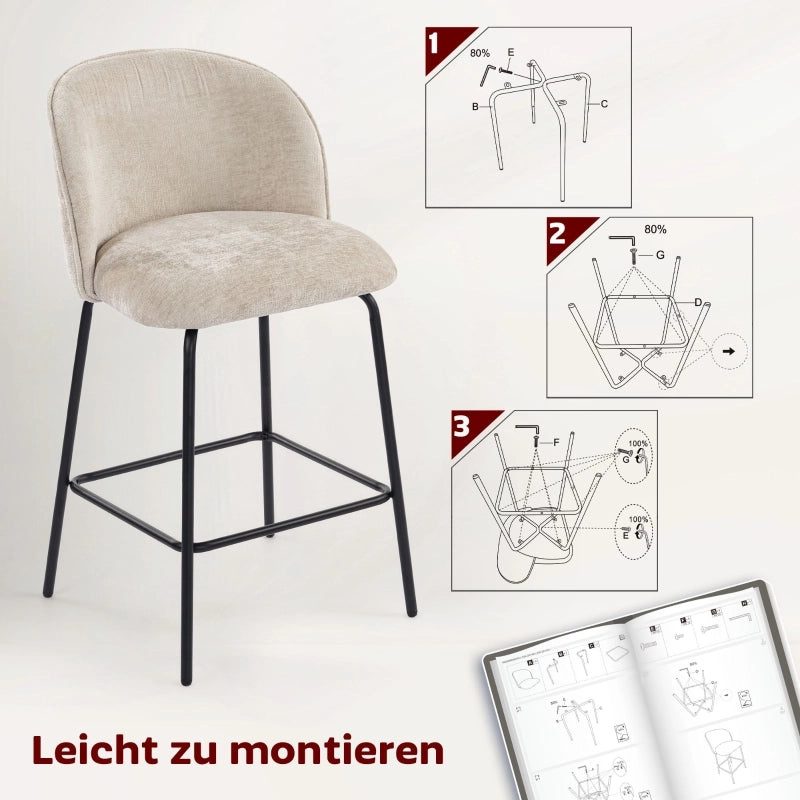 Set di 2 sgabelli da bar imbottiti con schienale e poggiapiedi, gambe in acciaio, beige