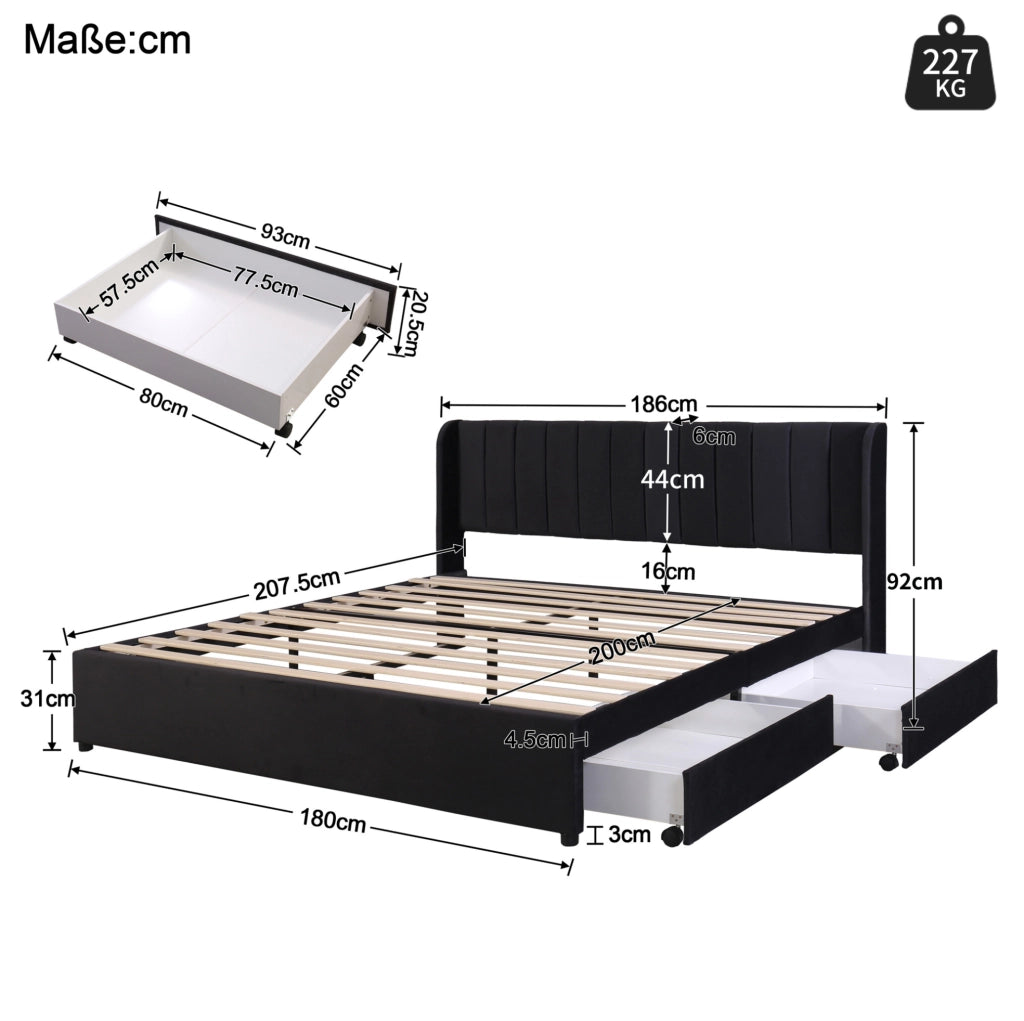 Letto matrimoniale 180x200 cm con rete a doghe e 2 cassetti; velluto nero